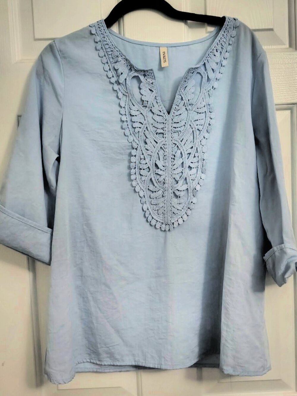 Evaless Light Blue Boho Crochet Lace Blouse Women's Medium Never Worn